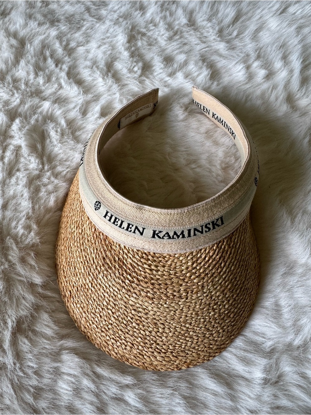 Helen Kaminski Natural Straw Visor with Beige Logo Band and Black Text